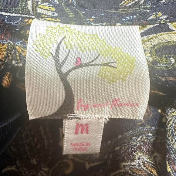 FIG AND FLOWER Navy Yellow Paisley Button Peasant Blouse V Neck Women M Bohemian - Picture 5 of 6